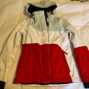 White, Light Sage & Red Colorblock Hooded Ski Jacket